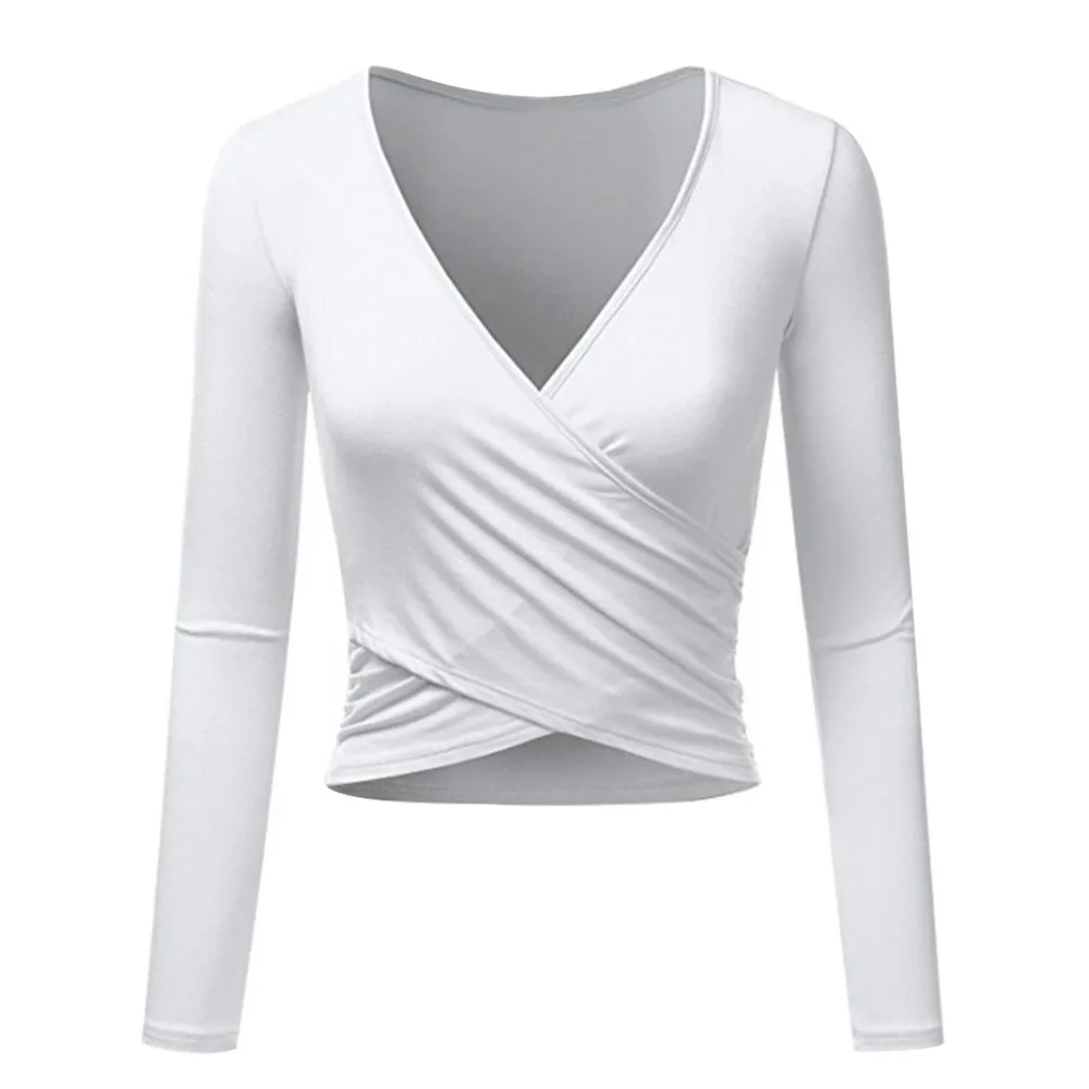 Летние повседневные топы женские с длинным рукавом крест-накрест wrap slim fit