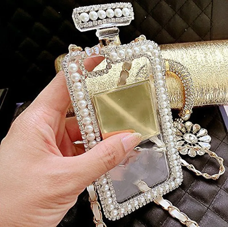 XSMYiss диаманта Bling совпадать с жемчугом флакон духов формы цепи сумки из