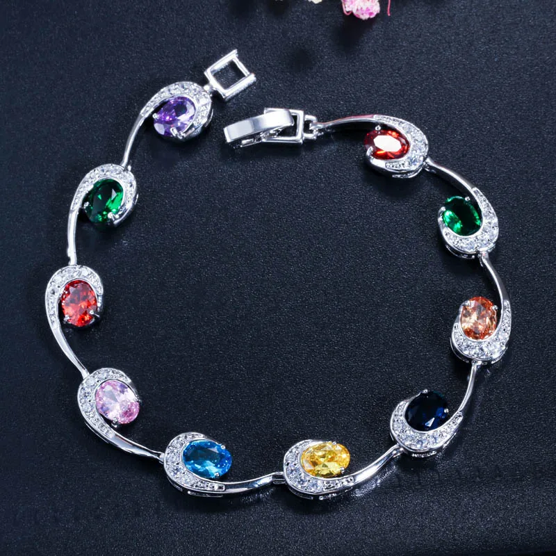 colorful CWWZircons Блестящий Овальный ярко-красный кубический цирконий камни элегантные женские теннисные браслеты Высокое качество женские ручной ювелирные изделия CB055 - Окраска металла: colorful