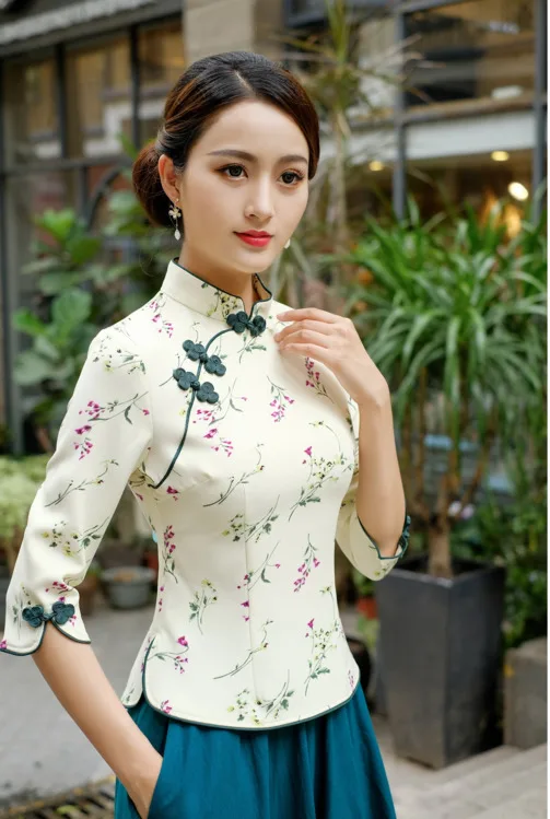 Sheng Coco Китайская традиционная одежда Hanfu женская рубашка Ципао Китай Mujer элегантная Древняя китайская блузка Чонсам Цветочные Топы