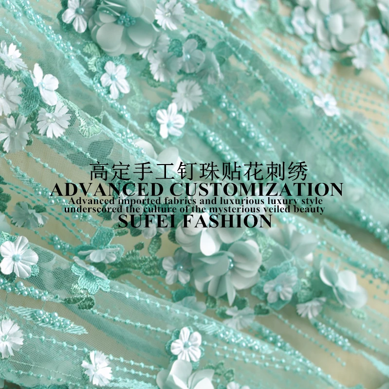 

quality handmade 130cm wide lake green beading applique embroideried net lace dress cheongsam fabric S020