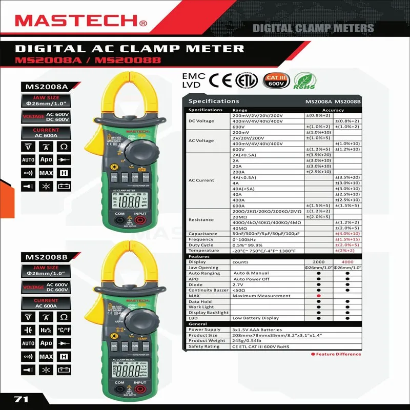 MASTECH MS2008B цифровой мультиметр Ампер клещи токовые клещи переменного тока, постоянный ток переменного тока AC/DC Напряжение конденсатор с алюминиевой крышкой, прибор для измерения сопротивления