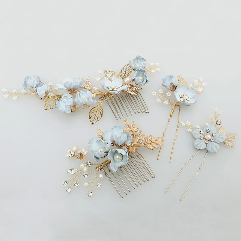 

4 pcs Wedding Hair Comb&Hair Pin Blue Flower Leaf Hair Clip Decorative Bridal Barrette Bridesmaid Jewelry bijoux de cheveux