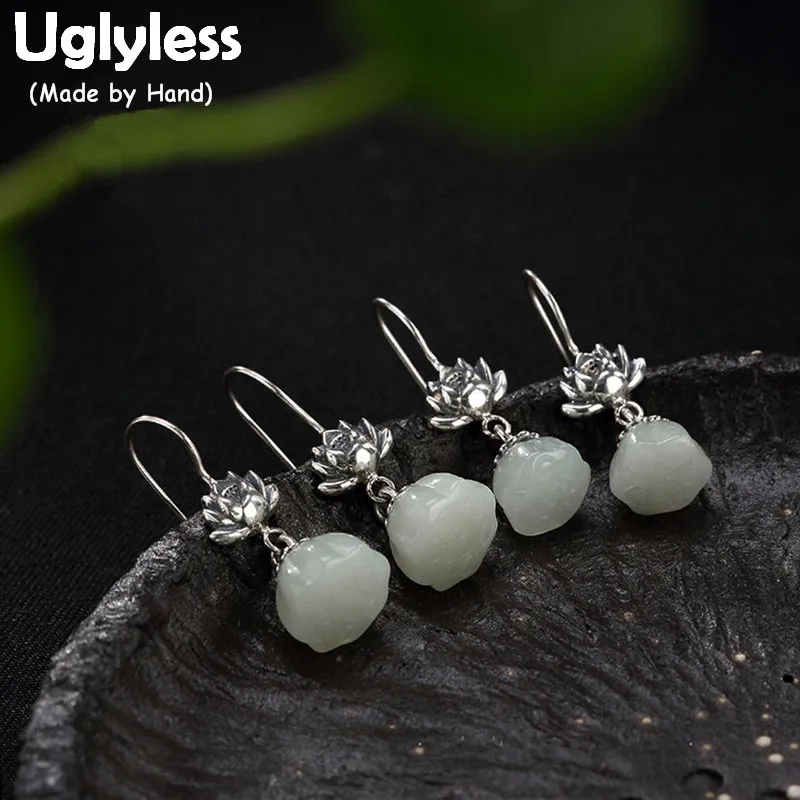 

Uglyless Real S 925 Sterling Silver Bijoux Natural White Jade Lotus Dangle Earrings Handmade Floral Brincos Women Ethnic Jewelry