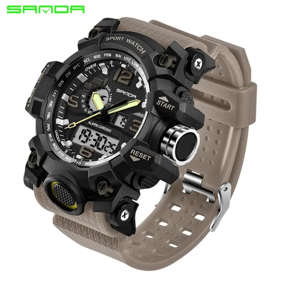 khaki SANDA, новинка, S Shock, мужские спортивные часы, большой циферблат, спортивные часы для мужчин, люксовый бренд, светодиодный, цифровые, военные, водонепроницаемые, наручные часы - Цвет: khaki