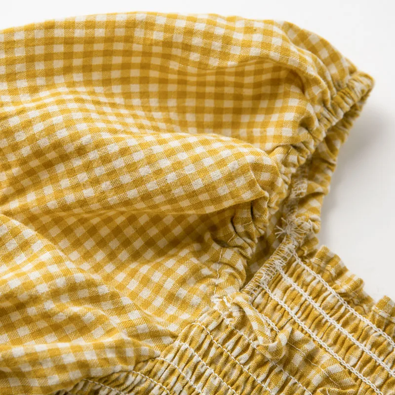 Melegant Yellow Plaid Vintage Blouse Women Ruffle Twist Sexy Feminino Shirts Loose High Fashion Girls Blusa Mujer |