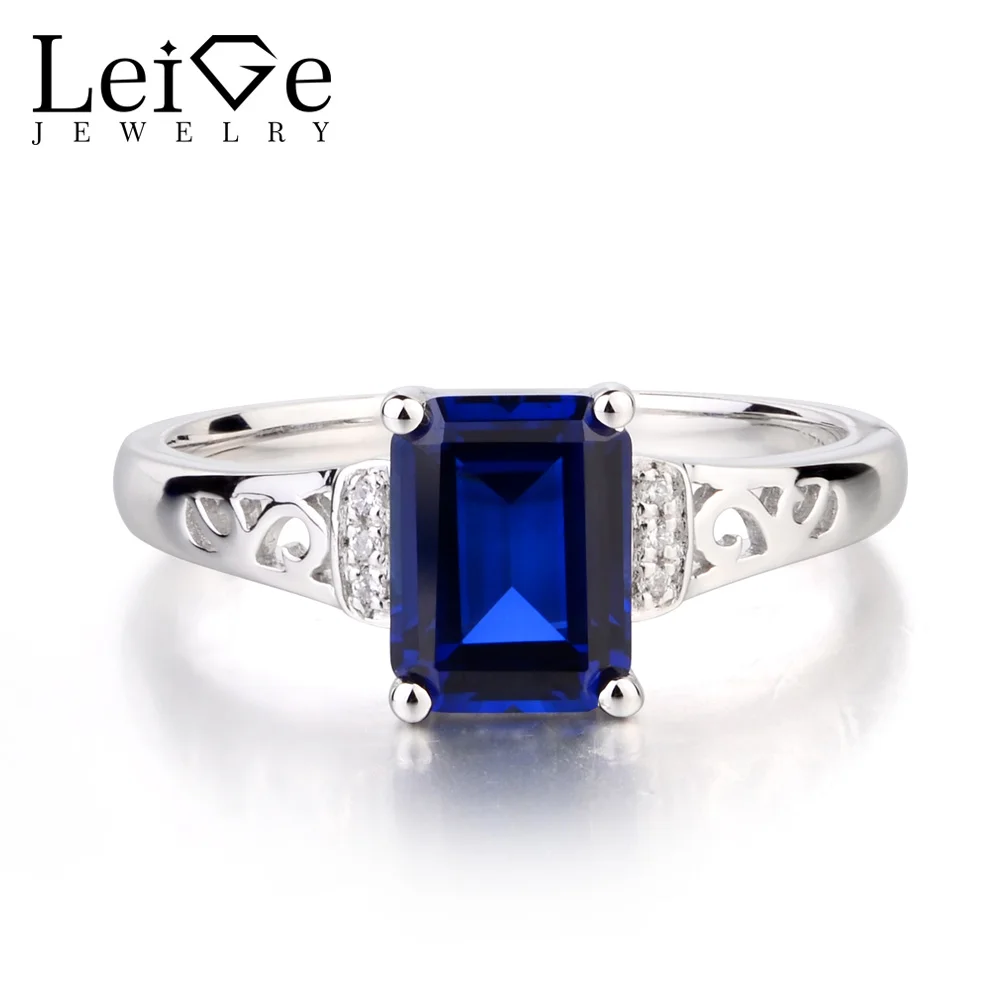 

Leige Jewelry Lab Blue Sapphire Ring Engagement Rings Emerald Cut Gemstone 925 Sterling Silver September Birthstone for Women