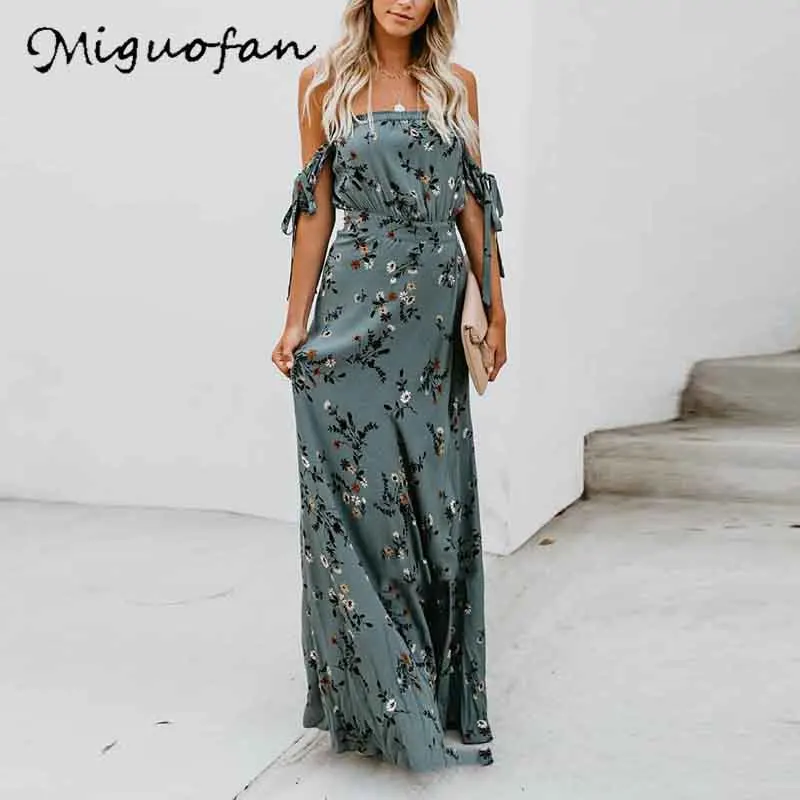 Miguofan, макси платье, женское, с открытыми плечами, с вырезом лодочкой, с принтом, летние платья, вечерние, женская одежда,, длинное платье размера плюс - Цвет: Многоцветный