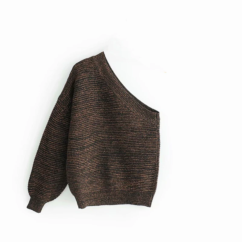 Women Bronze Red Single Shoulder Sweater Female Sexy Sleeve Warm Pullover 2018 Autumn Winter Women-s Knitwear pull femme | Женская