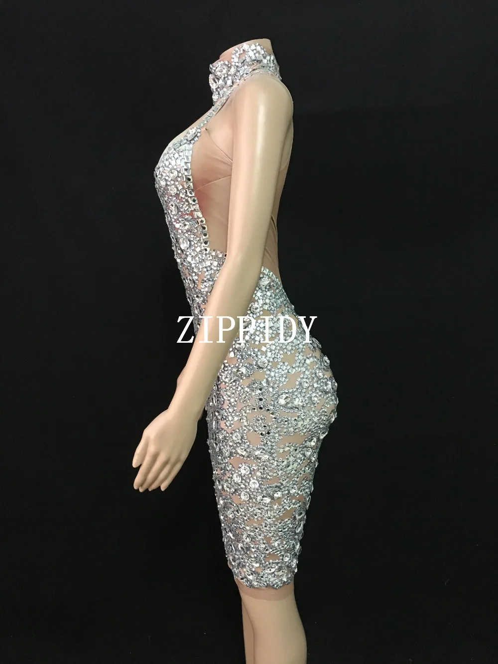 Модные Серебряные стразы большой платье-стретч без рукавов Блестящие Кристаллы платье сценический для празднования вечеринок цельное платье ночной клуб