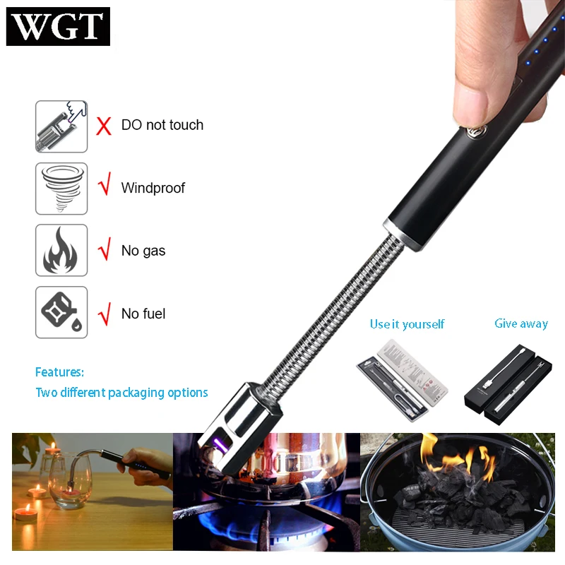 WGT подарочная упаковка USB электрические зажигалки с предохранительным выключателем 360 Вращение Кухня Зажигалка Arc барбекю Беспламенного Зажигалка