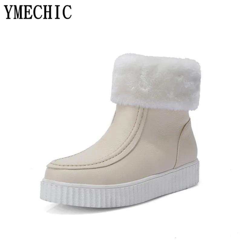 YMECHIC/; зимняя теплая плюшевая женская обувь; цвет белый, абрикосовый; Зимние ботильоны на плоской платформе с искусственным мехом; женская обувь; большие размеры