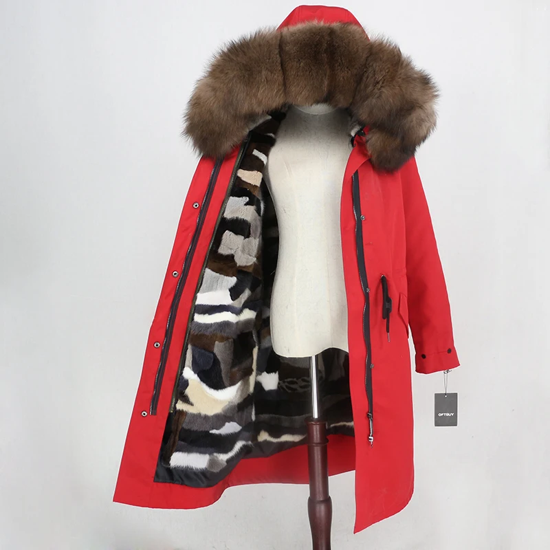 OFTBUY X-длинное пальто с натуральным мехом, зимняя куртка, Женская парка с натуральным мехом, подкладка из меха норки, воротник из меха енота и лисы, капюшон, теплая уличная одежда - Цвет: red brown