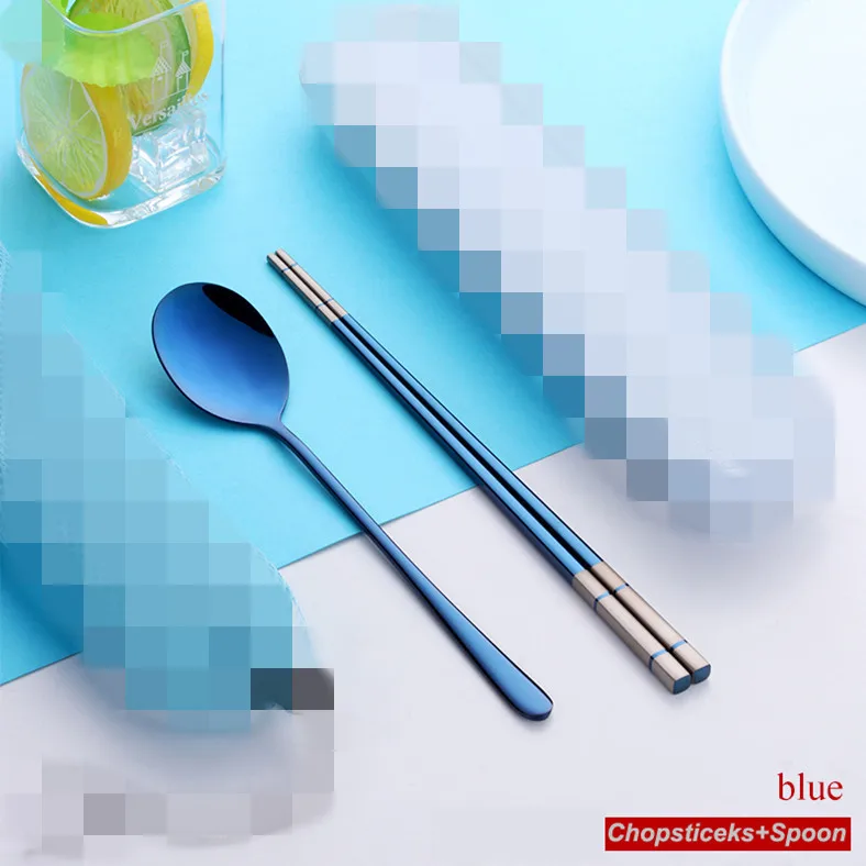 Blue-1 set 1 пара корейских палочек для еды набор ложек многоразовые из нержавеющей стали для суши с длинной ручкой Нескользящие палочки для еды ложка набор инструментов коробка и сумка - Цвет: Blue-1 set
