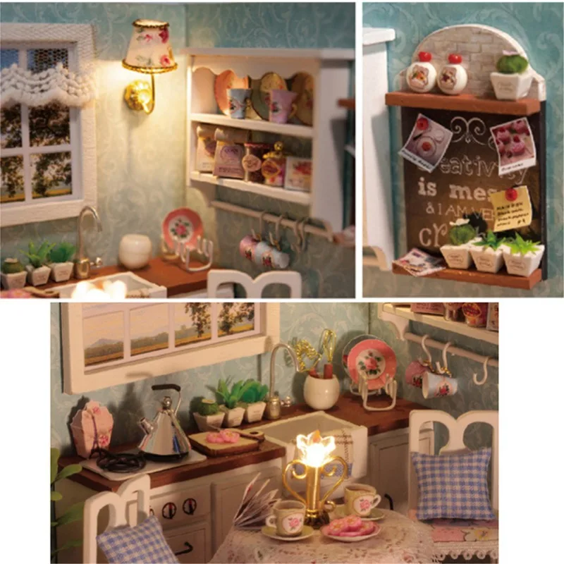 DIY 3D Деревянный кукольный домик миниатюрная модель столовой набор с крышкой и СВЕТОДИОДНЫЙ мебель ручная