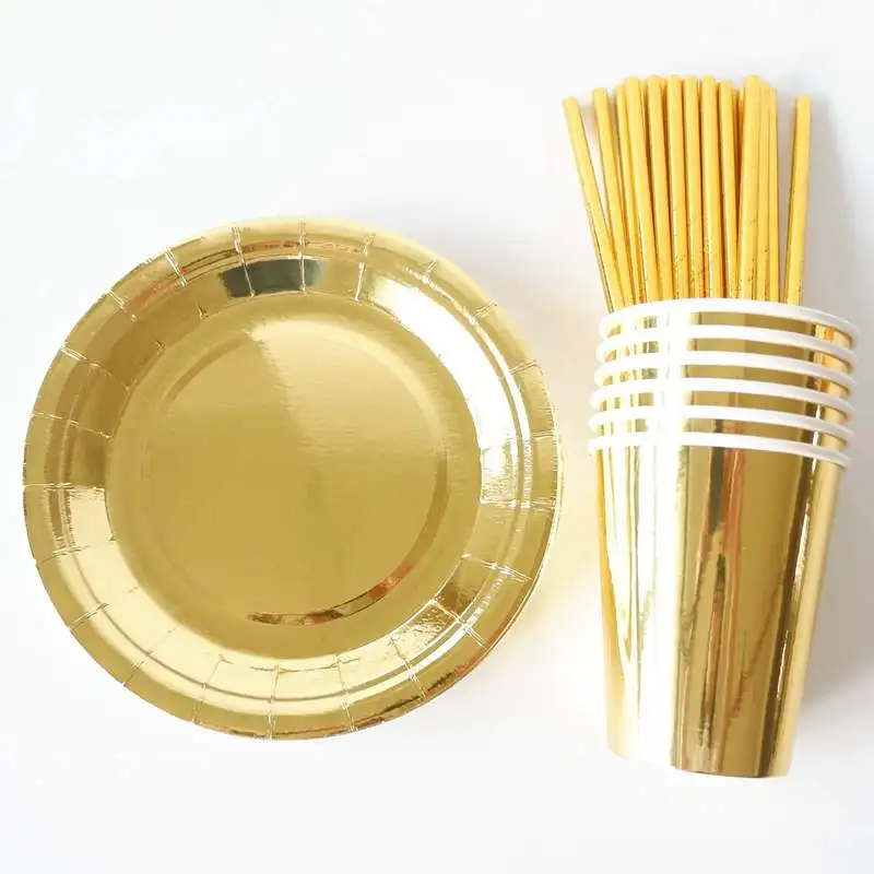 Gold Set 45 шт. золотые, розовые, синие бумажные тарелки/стаканчики/салфетки для вечеринки в честь Дня Рождения, одноразовые столовые приборы для взрослых девочек и мальчиков - Цвет: Gold Set