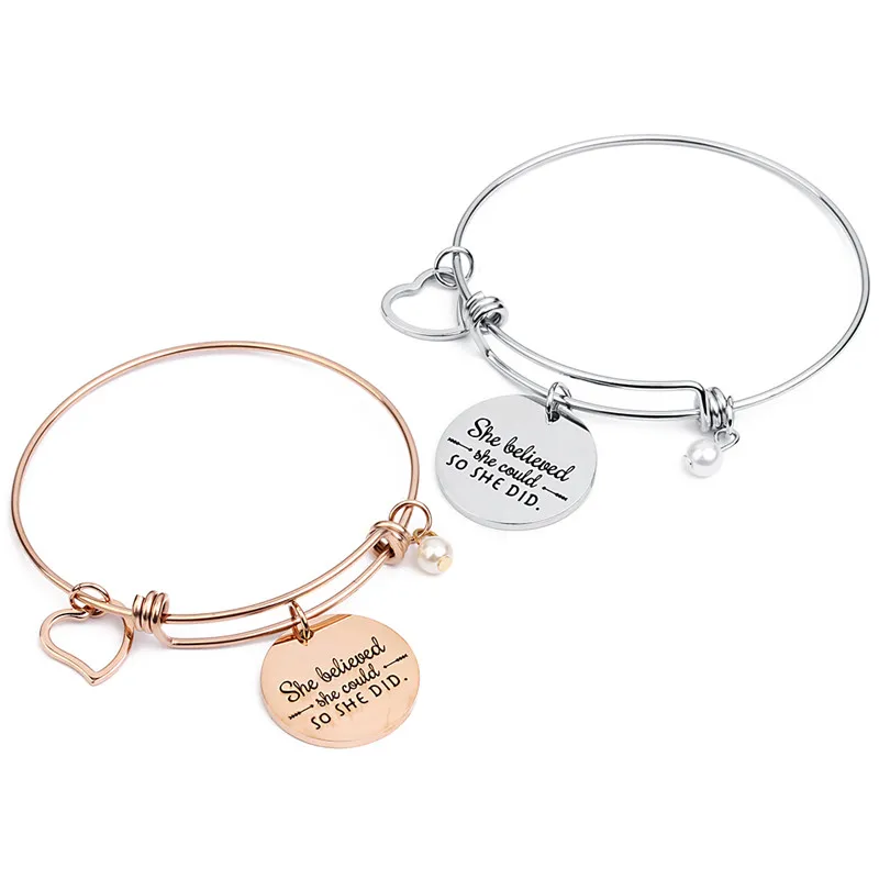 XINYAO Stainless Steel Round Heart Pearl Charms Bangle Bracelet Engraved She Believed Could So Did Love Bracelets Femme | Украшения и