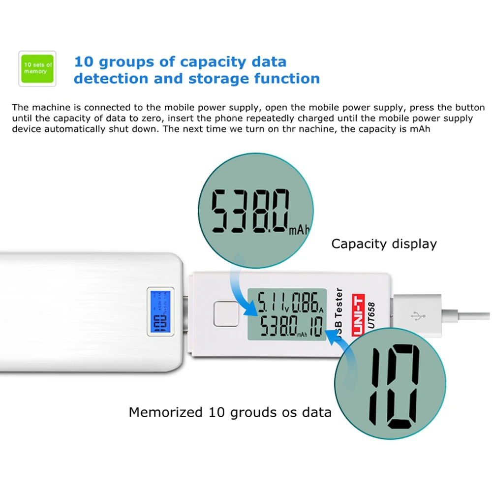 UNI T тестер USB цифровой напряжения тока монитор измеритель емкости макс. 9 В 3A