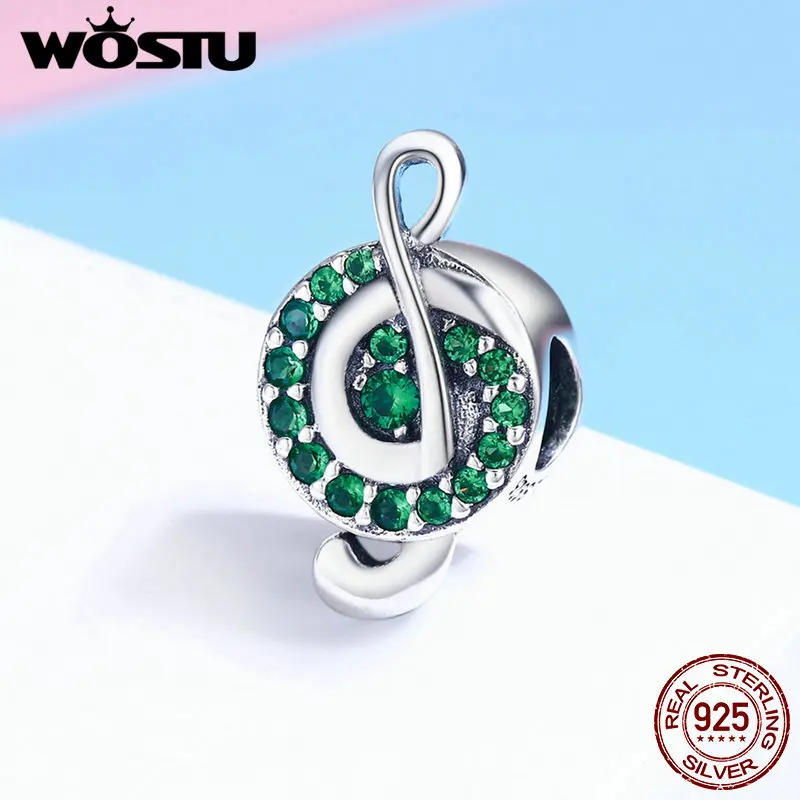 WOSTU Лидер продаж настоящий 925 пробы Серебряный I Love Music Note зеленый CZ Бусины Подходят оберег бусины для браслета ювелирные изделия подарок CQC450