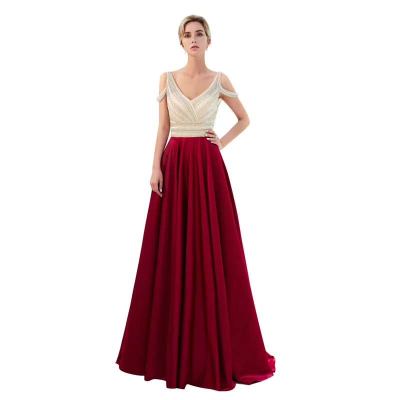 

Taffeta V-Neck Backless Zipper A-Line Beading Off the Shoulder Floor Length Party Dress Robe de soiree Vestido de noche