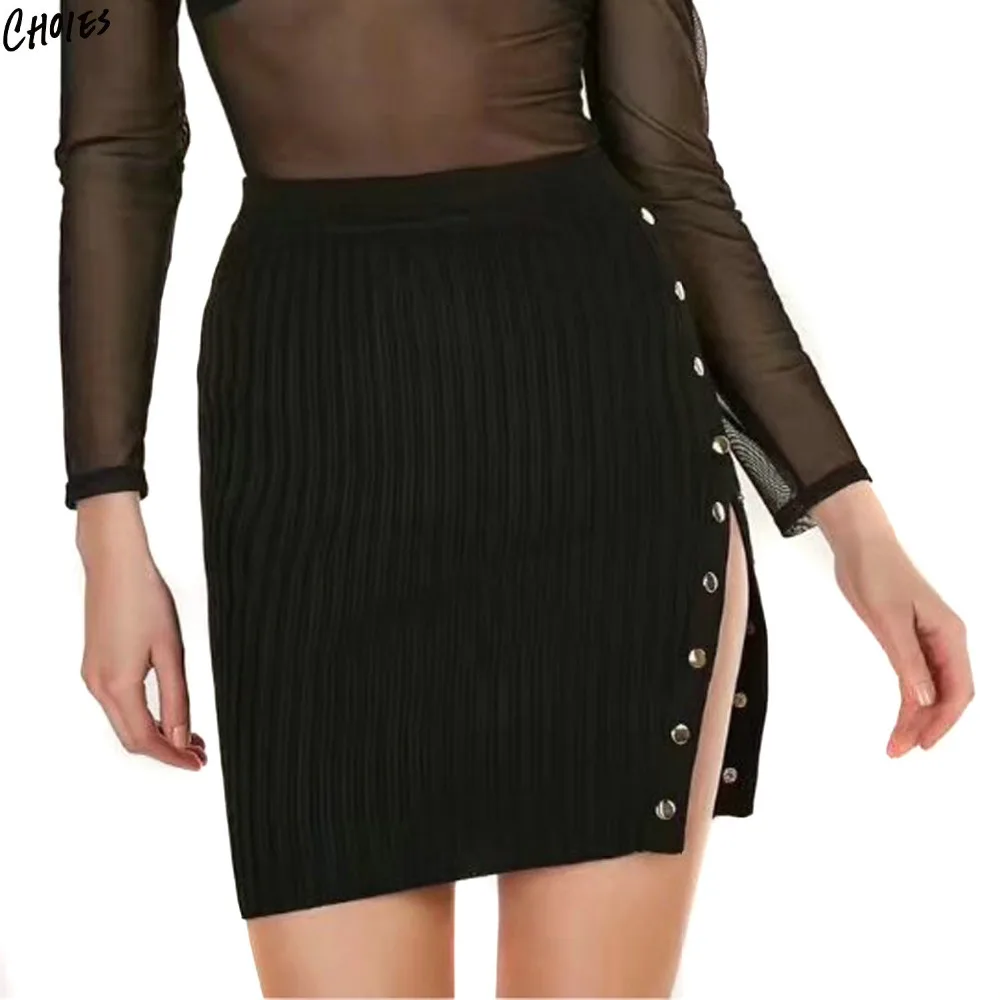 2 цвета ребристый трикотажный мини юбка карандаш Женская высокая талия пуговицы