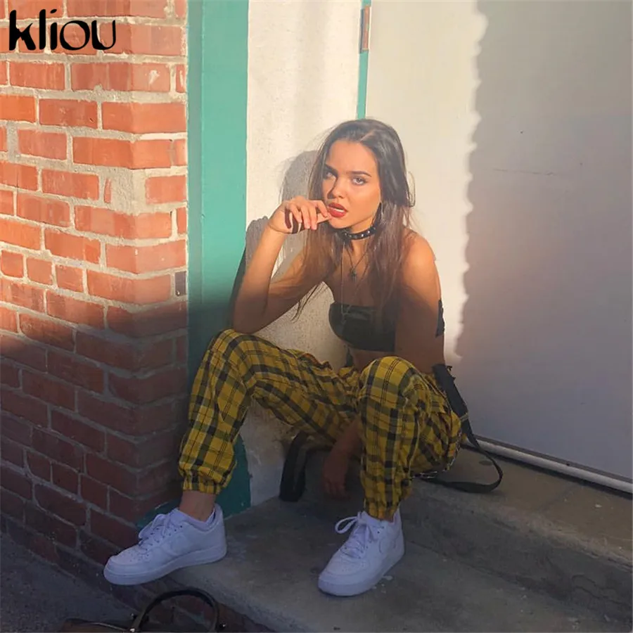 Kliou Новые женские модные длинные яркие брюки в клетку на молнии штаны на подтяжках бретелях с карманами на высокой талии