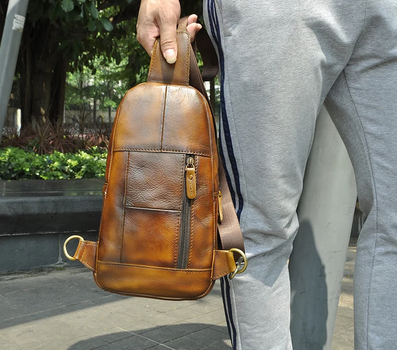 

Men Original Leather Casual Fashion Chest Sling Bag Brown Design Travel Triangle One Shoulder Cross body Bag Daypack Male 8005l