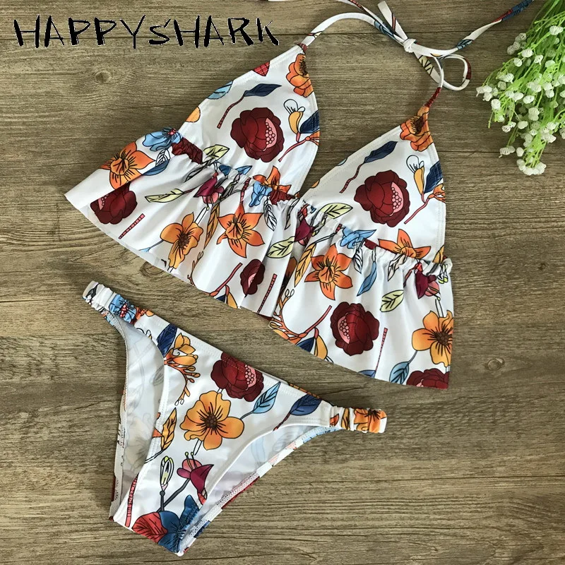 

HAPPYSHARK Floral Ruffle Bikinis 2019 Women Stripe Lotus Edge Swimwear Sexy Micro Thong Bikini String Cut Out Beachwear Maillot