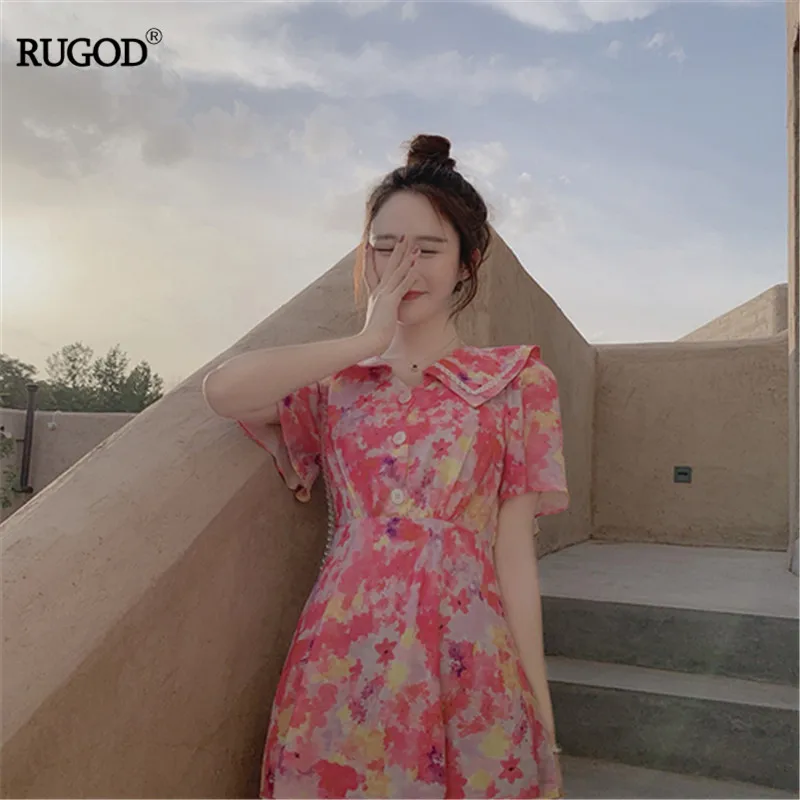 RUGDO, корейское летнее женское богемное платье с матросским воротником, контрастный цвет, цветочный принт, завышенная талия, на пуговицах, veranos