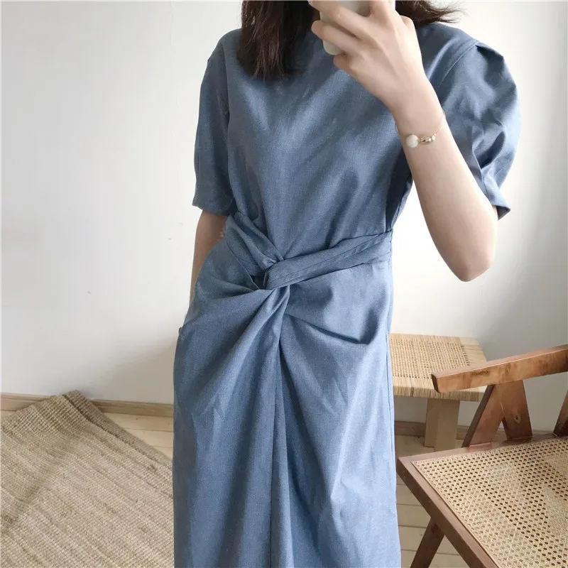 Женское винтажное платье CHICEVER синее до середины икры с о образной горловиной и