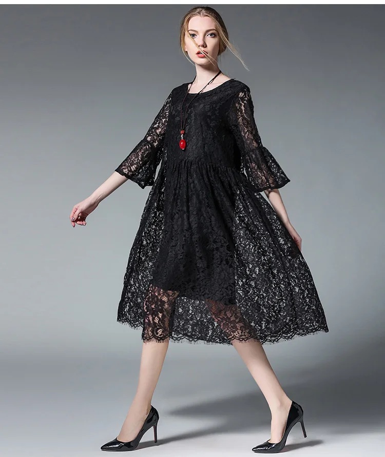 Женское летнее платье свободного покроя элегантное кружевное в стиле фонарик