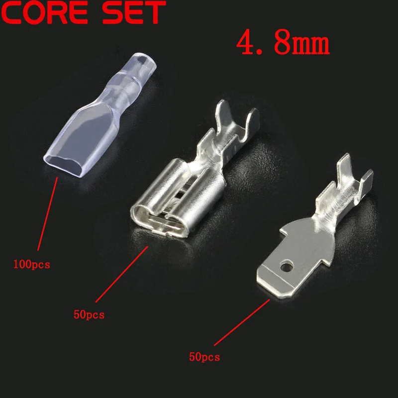 4.8mm 200pcs 200 шт./лот 2,8/4,8/6,3 мм обжимная Клемма, 50 шт в наборе, женские лепестковый разъем+ 50 шт. мужской лепестковый разъем+ 100 шт. чехол - Цвет: 4.8mm 200pcs