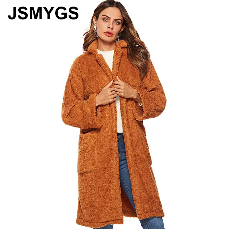 JSMYGS 2018 зимнее женское длинное шерстяное Пальто коричневое с большим карманом