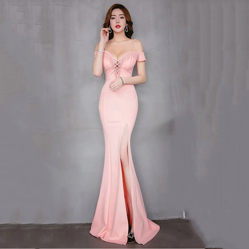 

Elegant Pink Sexy Cross Bandage V-Neck Off Shoulder Party Gown Slim Long Mermaid Open Split Fashon Club Dresses