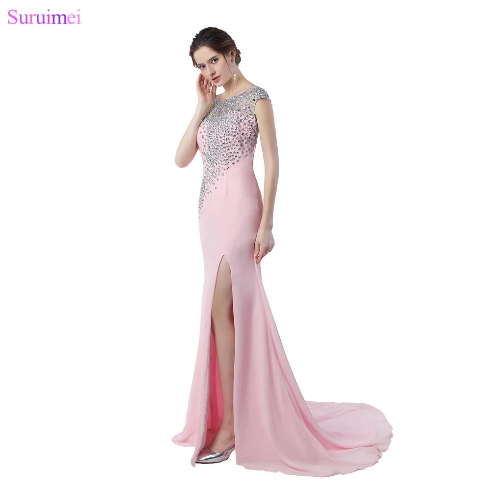 

Женское шифоновое платье-русалка, розовое платье для выпускного вечера с рукавами-крылышками и V-образным вырезом, расшитое бисером, с высок...