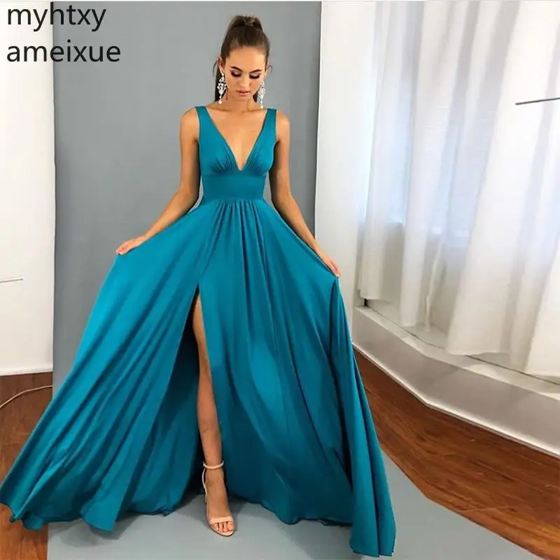 

Custom V-neck Teal Event Prom Dresses Sexy Front Split Sleeveless Vestidos De Fiesta 2021 Hot Sale Formal Evening Party