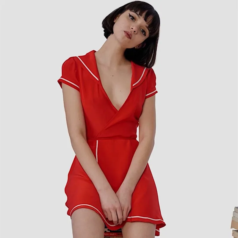 Женская одежда короткий рукав воротник-моряк на шнуровке лоскутное платье