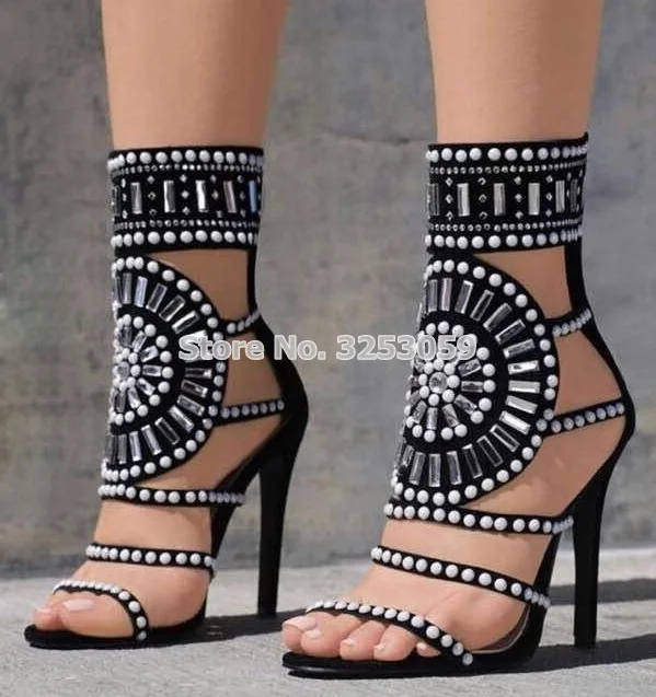 

Sexy Women Bling Bling Crystal Dress Sandals Thin Strappy Shoes Round Shape Design Beaded Diamond T-stage Sandals Runway Shoes