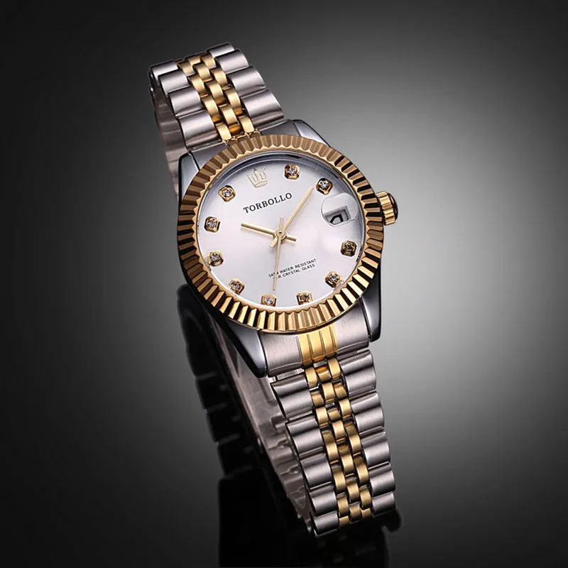 Топ бренд TORBOLLO золотые часы для влюбленных Кварцевые с датой и кристаллами