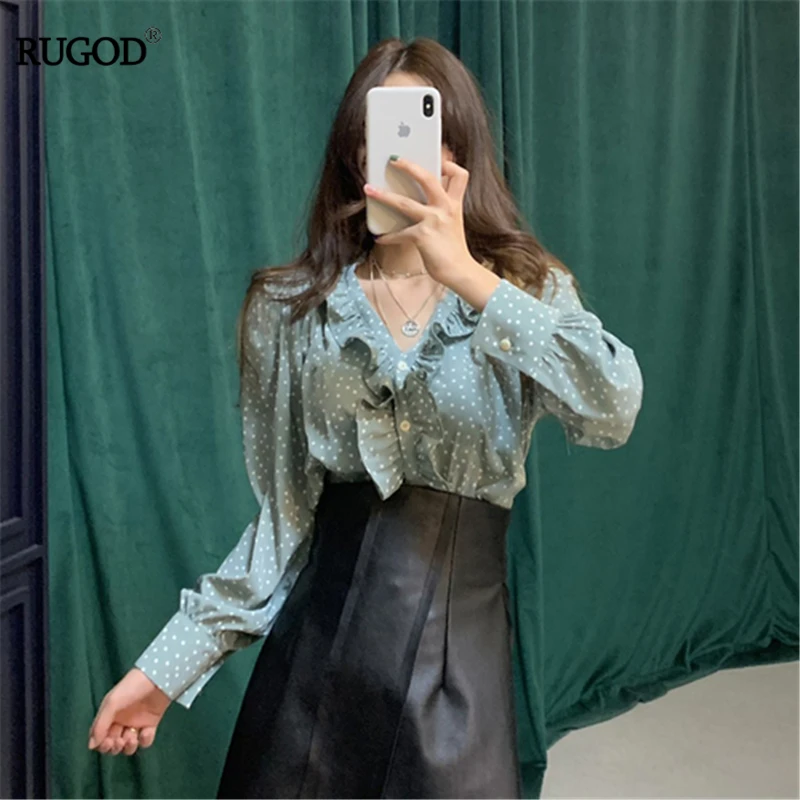 RUGOD Ghost horse girl Korean spring ins hot small blouse lace wave chiffon shirt fashionable blouses |