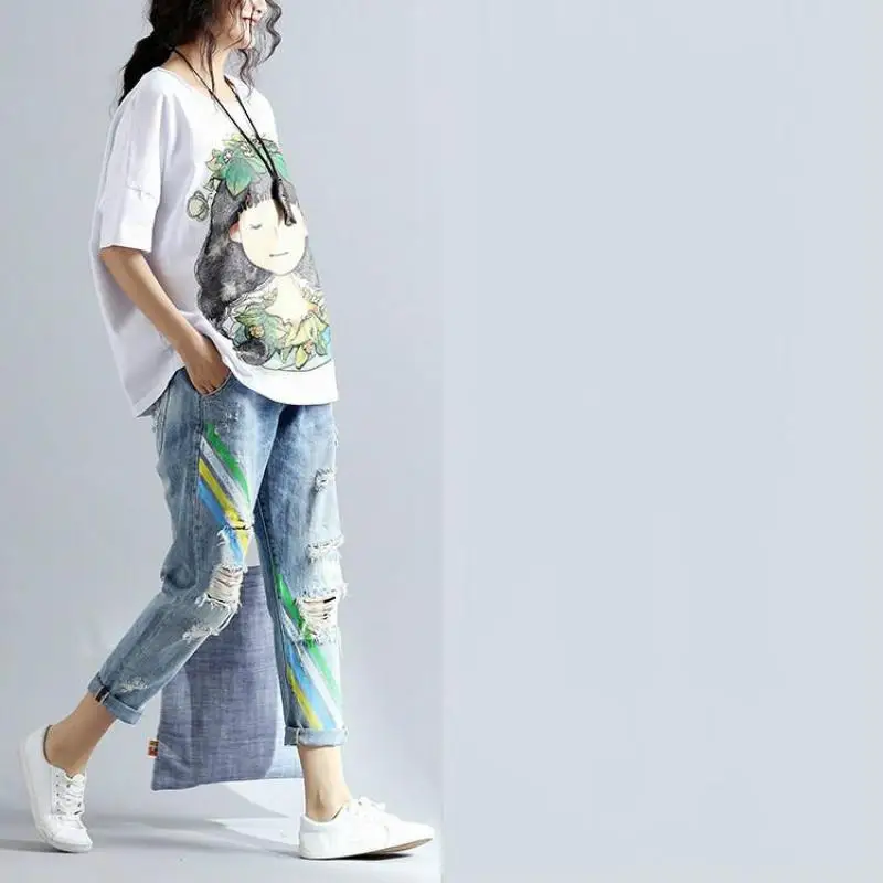 NFIVE бренд женские тонкие длинные джинсы новая мода корейский Лето нищий отверстие Жан цветной рисунок Свободные узкие брюки