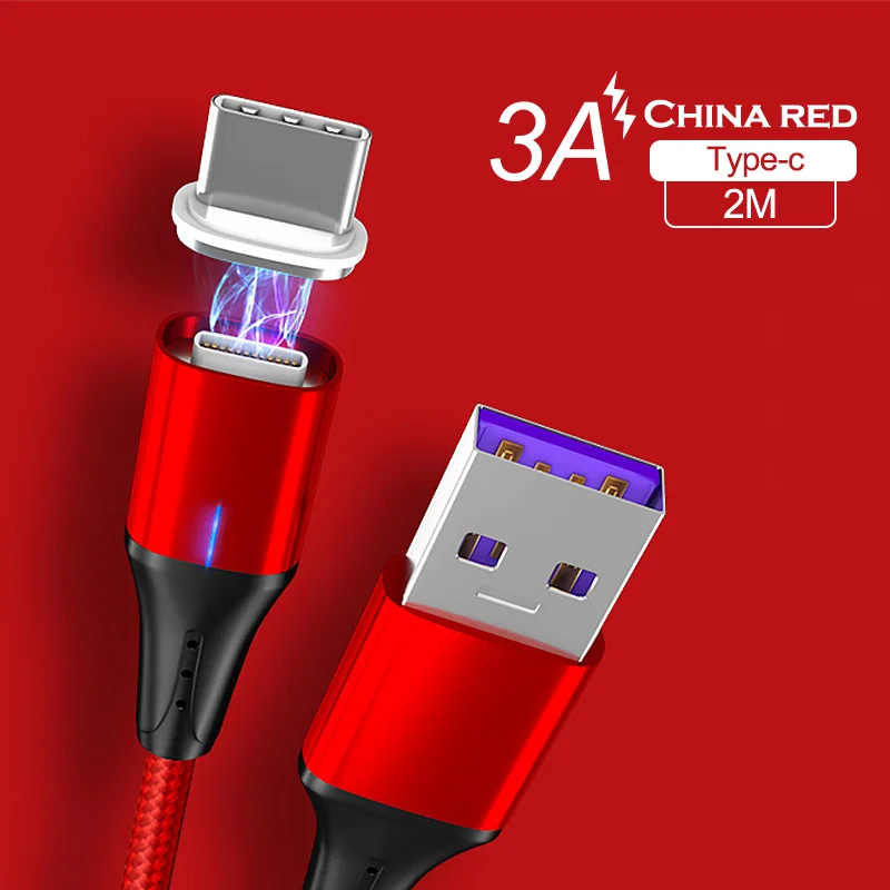 3A Red For Type C Магнитный usb-кабель 3A 2 м для iPhone X, Магнитный зарядный кабель передачи данных для быстрой зарядки, кабель Micro USB type-C для samsung Xiaomi huawei - Цвет: 3A Red For Type C
