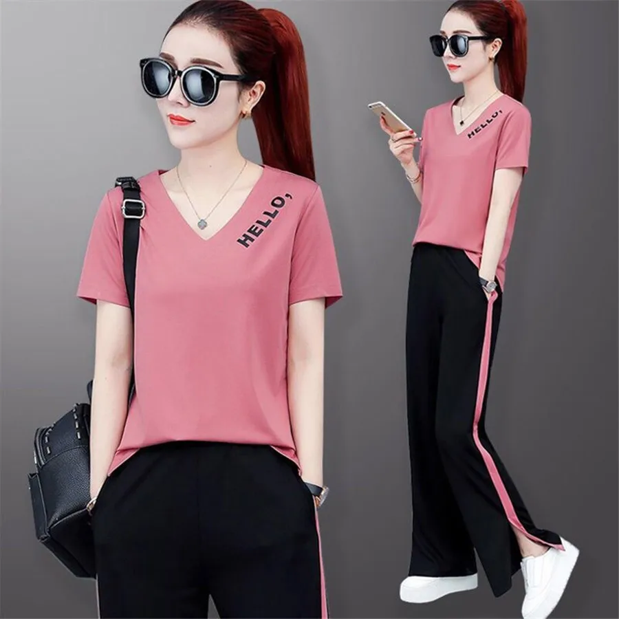 Женский спортивный костюм в полоску из двух предметов топ с короткими рукавами +