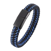 fashion men jewelry punk black blue braided leather bracelet for men stainless steel magnetic clasp male wrist band gifts sp0002