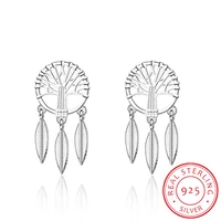 fashion 925 sterling silver tree of life dream catcher stud earrings for women vintage sterling silver fine jewelry