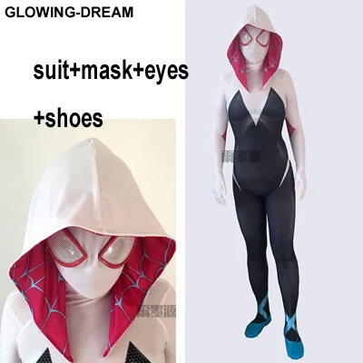 suit with blue shoe Светящаяся мечта, высокое качество, в стихах паука, Гвен Стейси, косплей, костюм из фильма, Гвен-паук, костюм с глазами, U молния - Цвет: suit with blue shoe