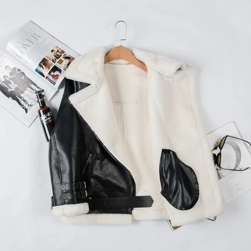

2019 Winter Coat Women Suede Leather Jacket Women Lamb Wool Motorcycle Jacket Thick Lambs Wool Warm Jackets Coats