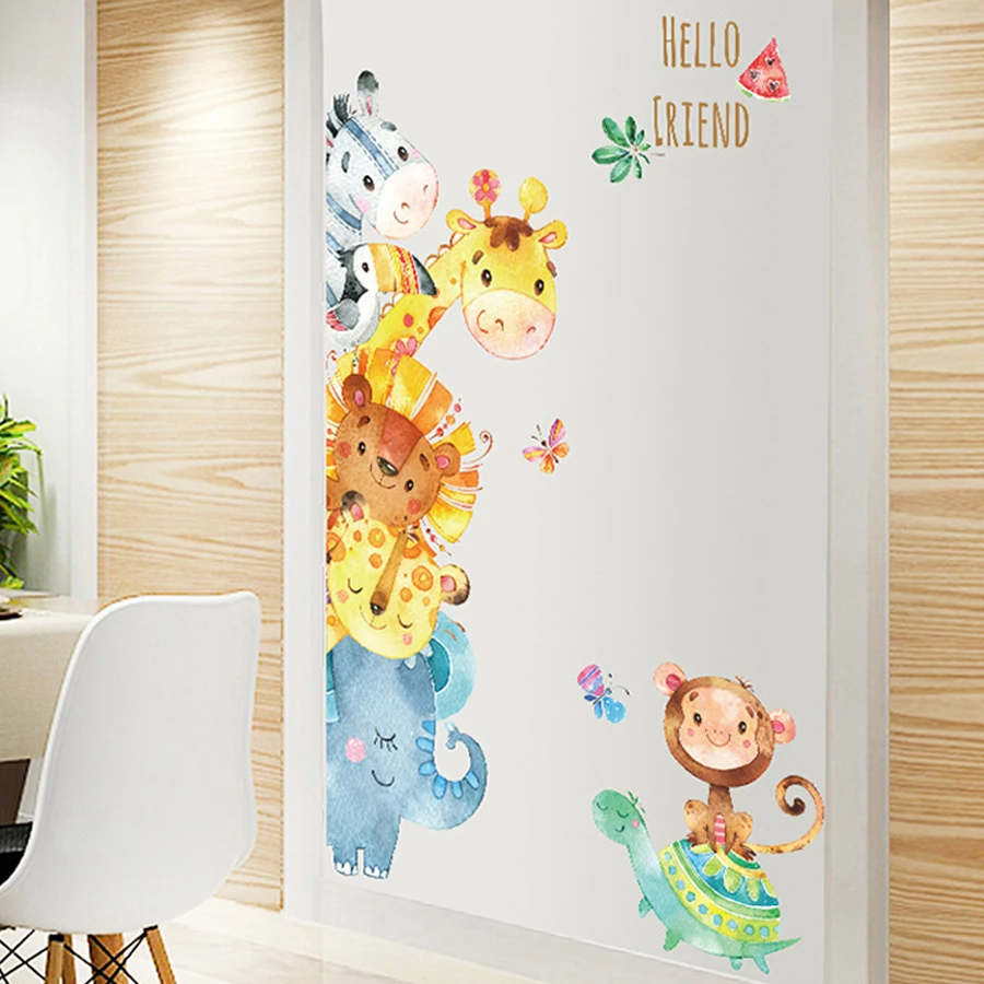 Наклейка на стену с изображением мультяшных животных жирафа обезьяны