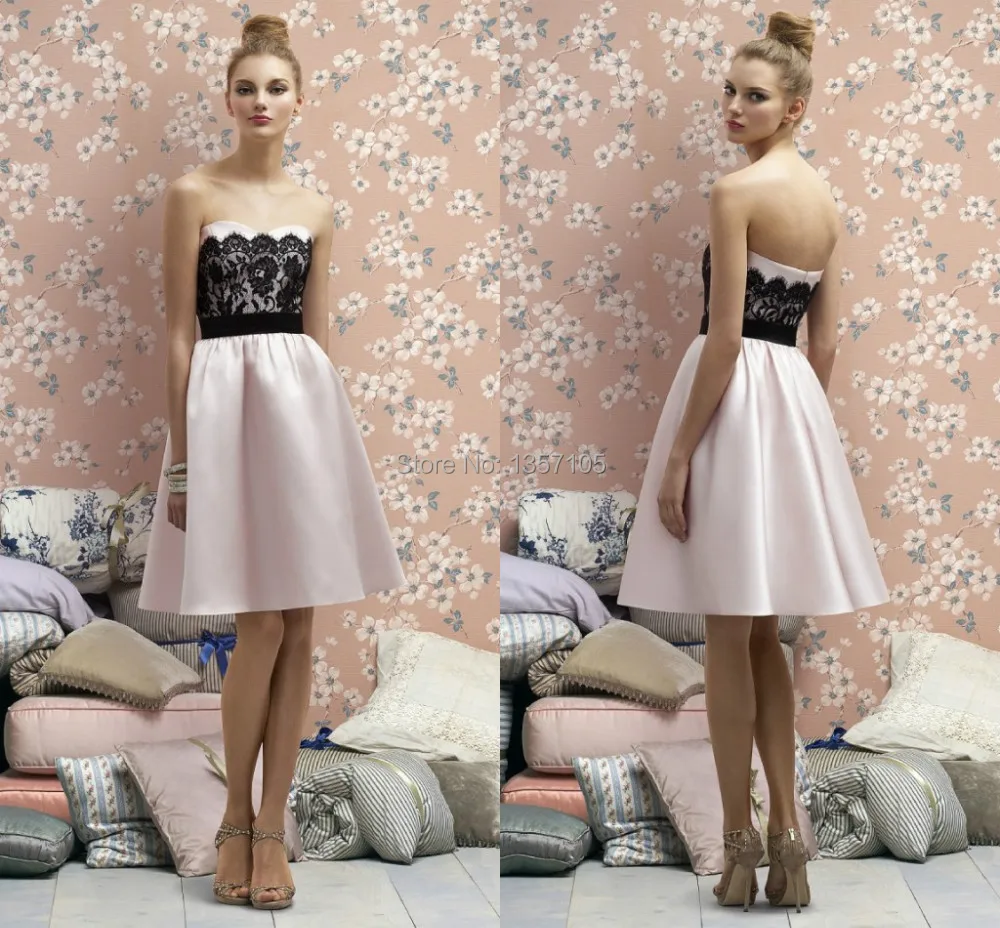 2014 Elegant Light Pink Sexy Strapless Neckline Back Zipper Black Lace Bodice A Line Knee Length Bridesmaid Dresses Charming|lace halter mini
