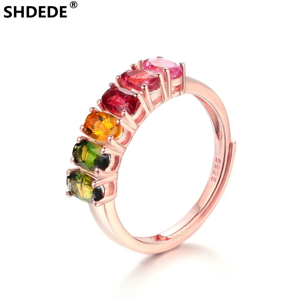 SHDEDE 925 Чистое серебро Открытое кольцо из натурального турмалина шесть цветов